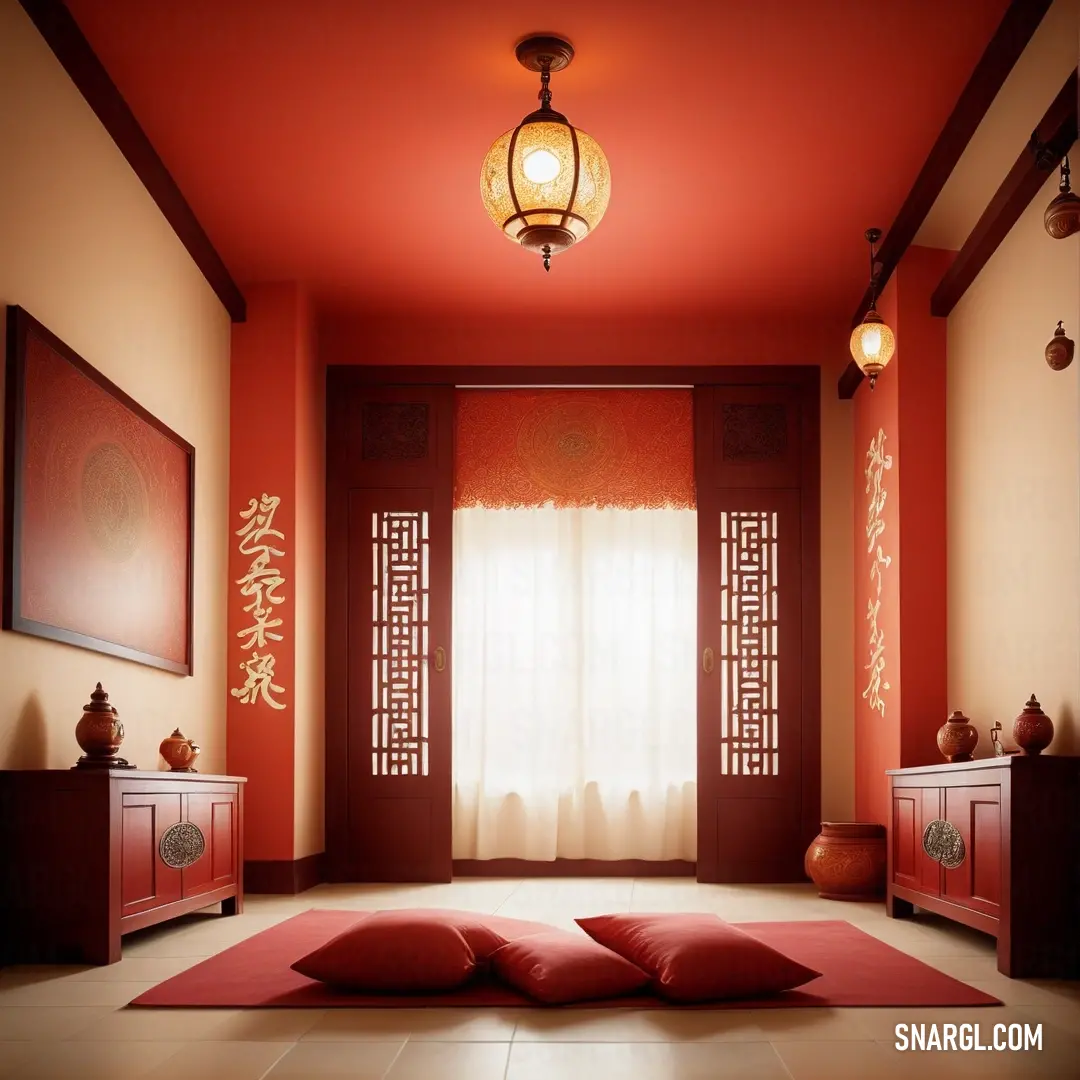 Room with a red rug and a red lamp and a red cabinet with two red pillows on it. Example of #B31B1B color.