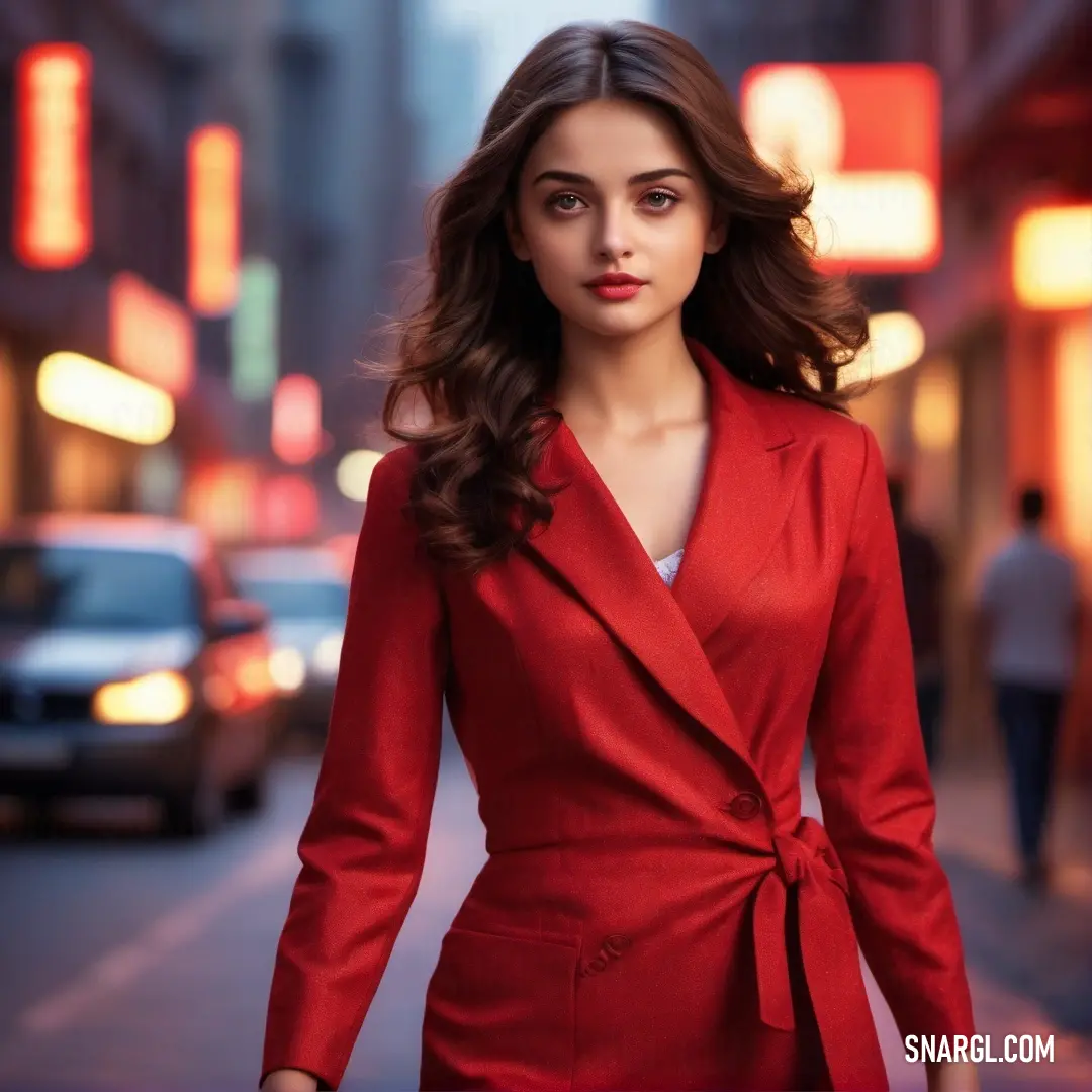 Cornell Red color. Woman in a red suit is standing on a street corner with a car in the background