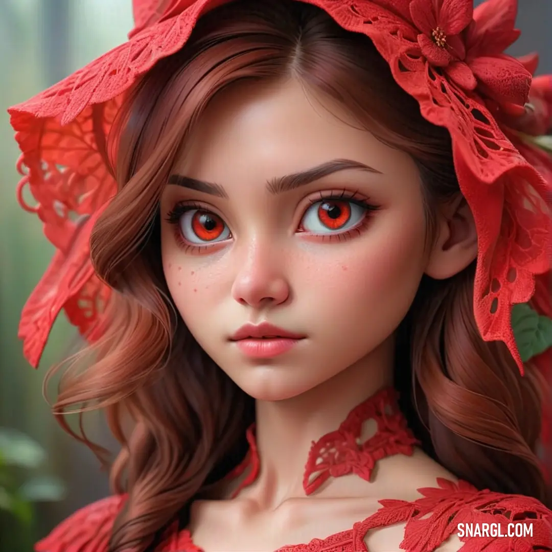 Girl with red hair and a red hat with flowers on it's head and a red dress. Color Cornell Red.