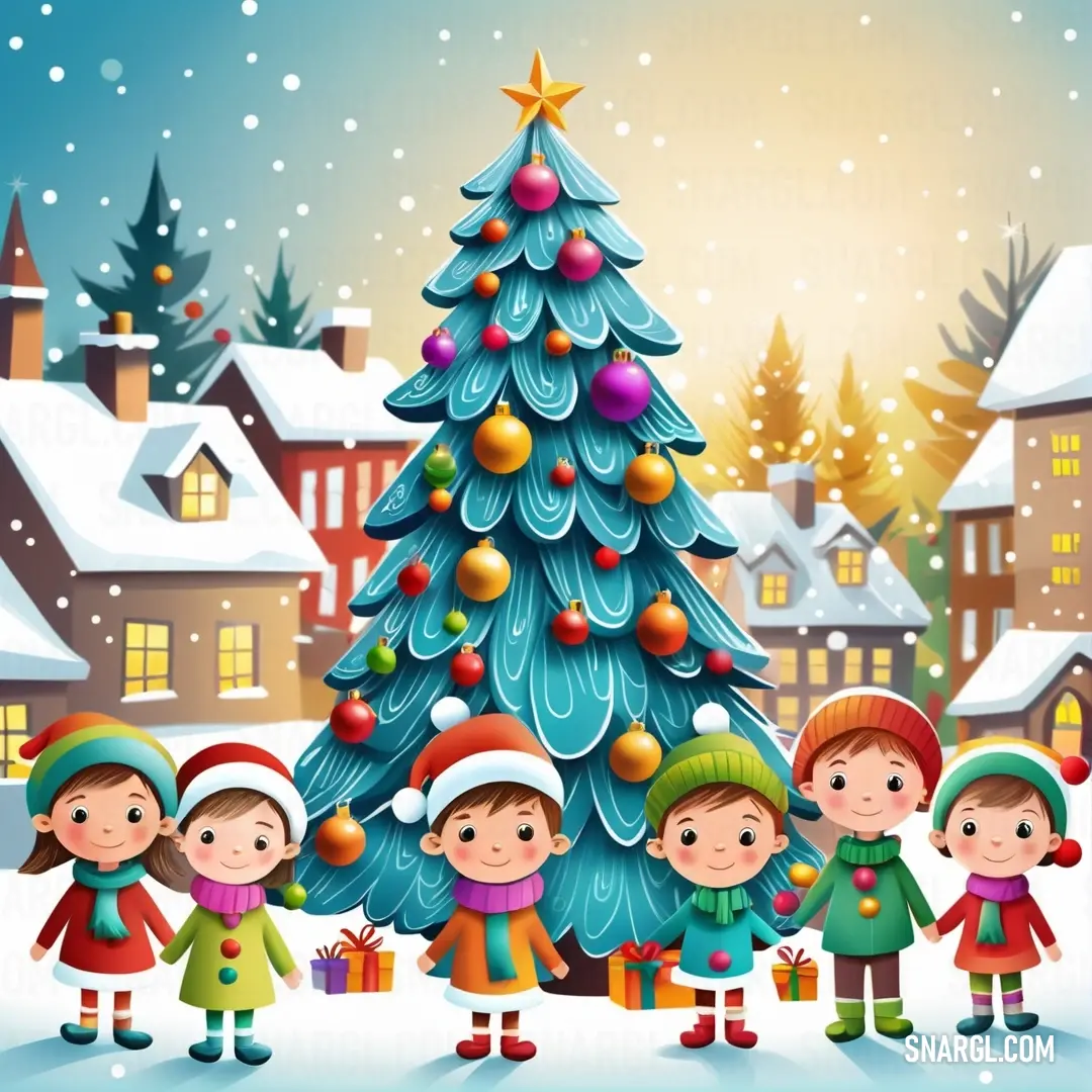 Group of kids standing in front of a christmas tree in a snowy village. Color Cornell Red.