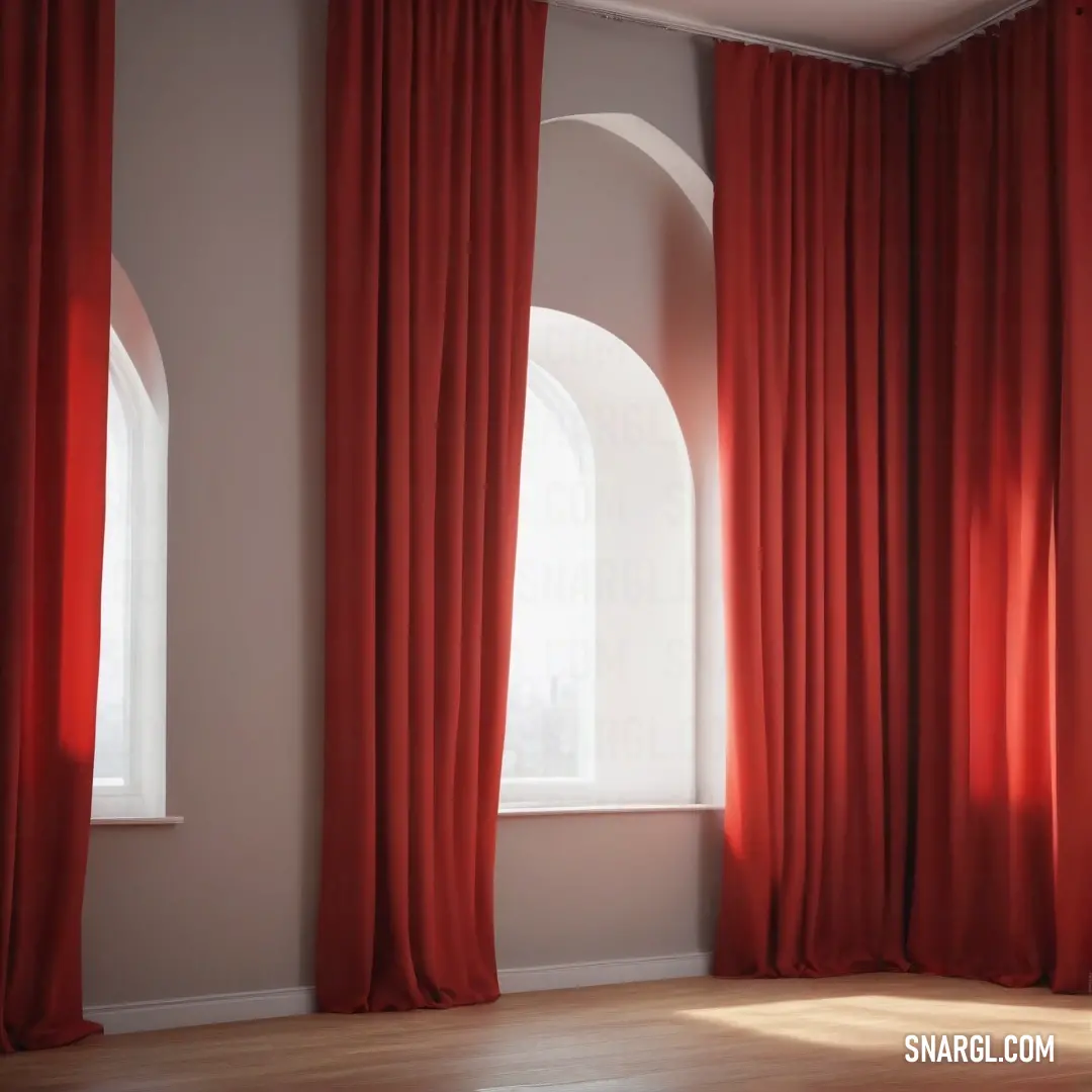 Room with a window and a red curtain in it and a wooden floor in front of it. Color CMYK 0,85,85,30.