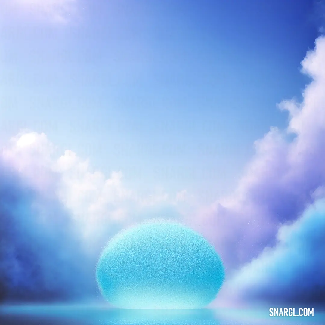 Blue ball floating in the middle of a body of water with clouds in the background and a blue sky