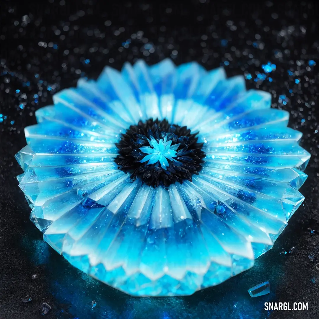 Blue flower with a black center surrounded by water droplets on a black surface with a black background