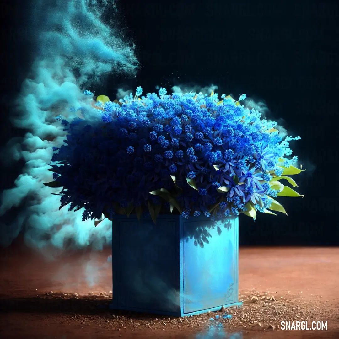 Blue vase with blue flowers on a table with smoke coming out of it and a black background behind it