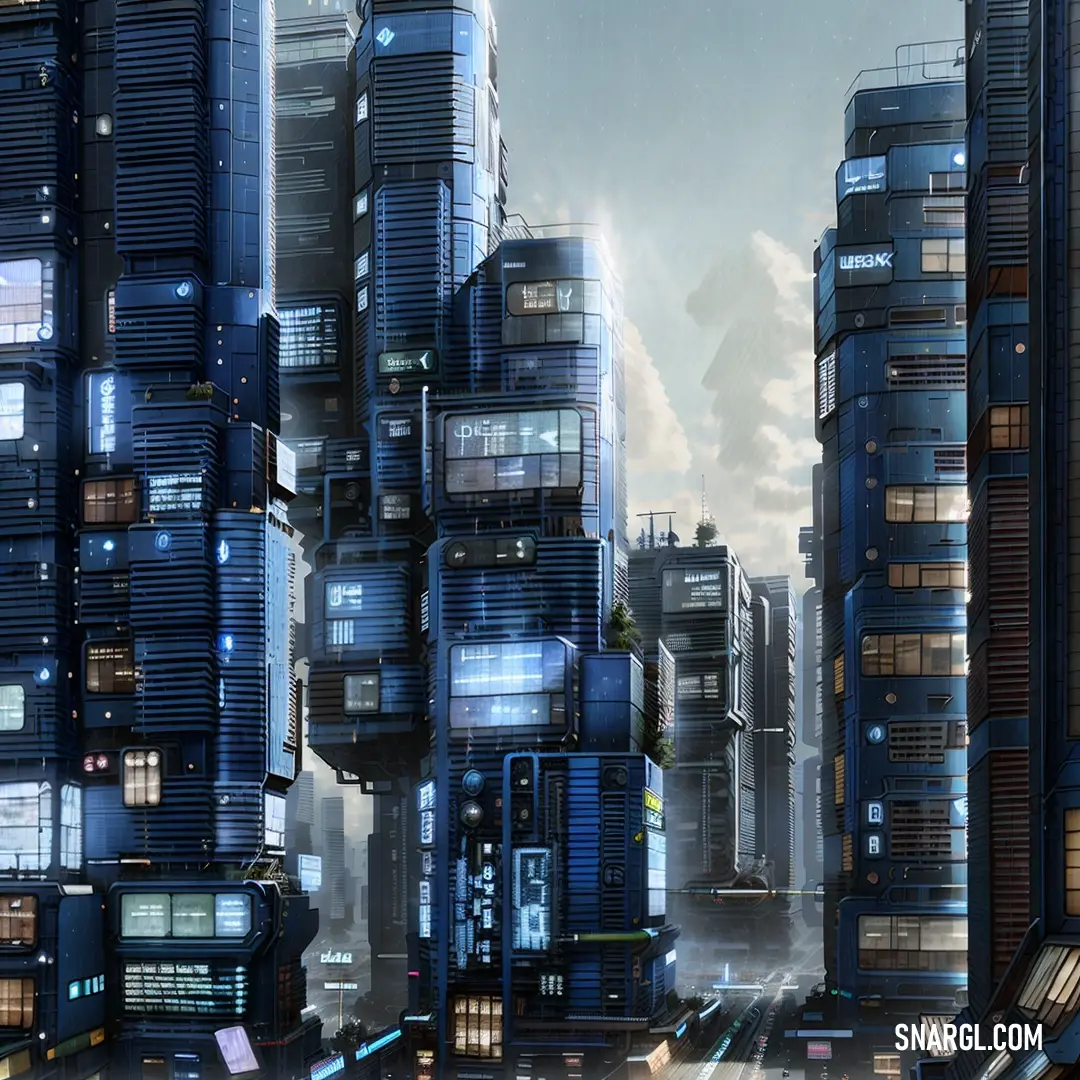 Futuristic city with a lot of tall buildings and a lot of cars in the street at night time