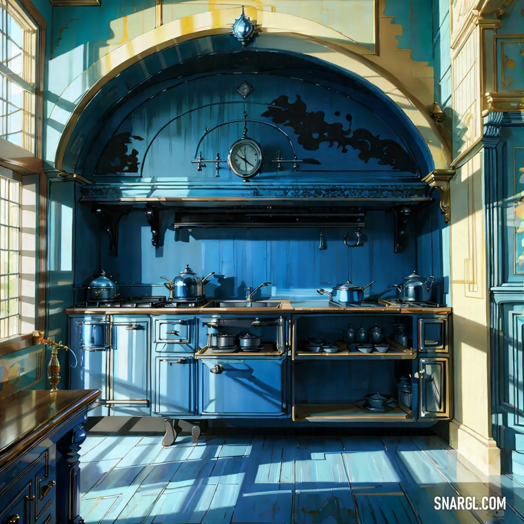 Kitchen with a blue wall and a large oven with a clock on it's side and a blue cabinet