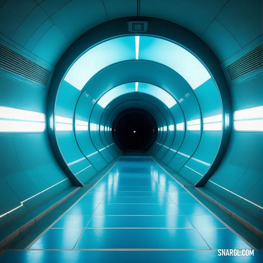 Tunnel with a blue floor and a light at the end of it that is very bright