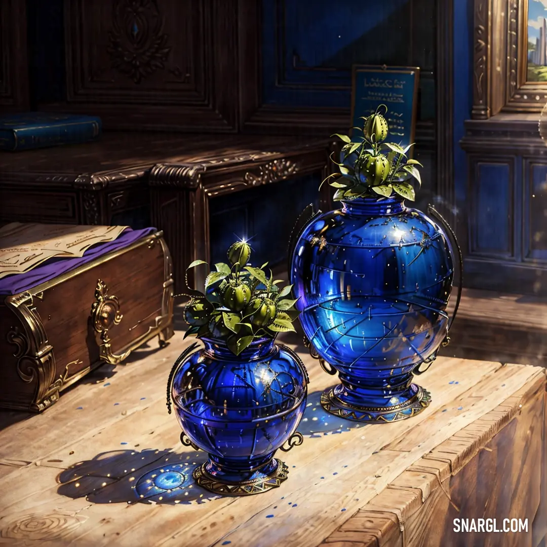 Two blue vases with plants in them on a table next to a trunk and chest of drawers in a room