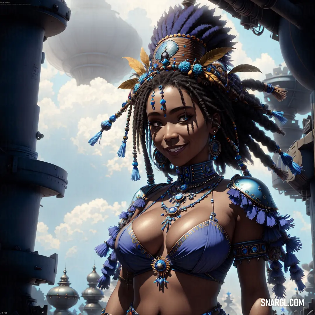 Woman with a blue bikini and headdress standing in front of a sky background with clouds