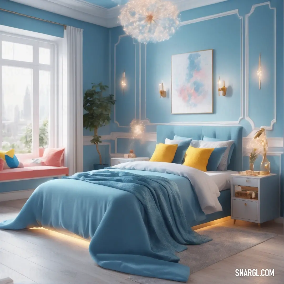Bedroom with a blue wall and a white bed with a blue comforter and yellow pillows and a white window seat. Color CMYK 34,12,0,8.