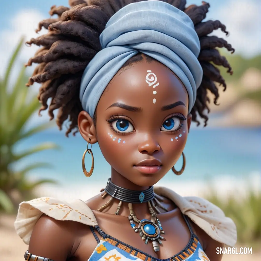 Doll with a blue head wrap and a blue dress on a beach with a blue sky in the background. Color Cornflower.