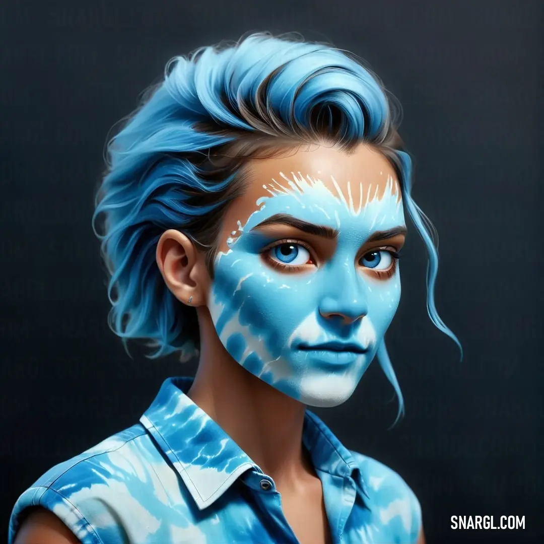 Woman with blue hair and makeup is painted in blue and white paint on her face and chest. Color #9ACEEB.
