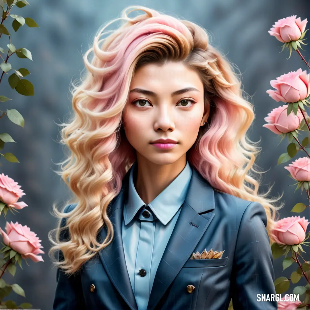 Painting of a woman with blonde hair and a blue suit and pink roses in the background. Color RGB 154,206,235.