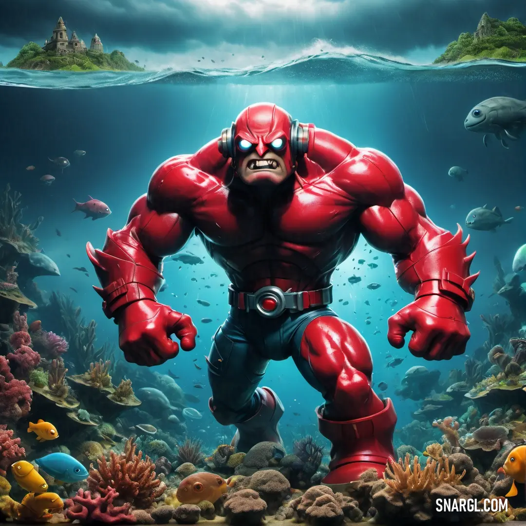 Red man in a red suit is underwater in the ocean with a fish and corals around him