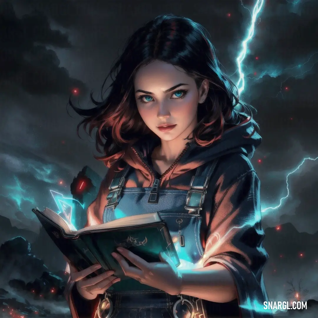 Woman holding a book in her hands and lightning in the background with clouds