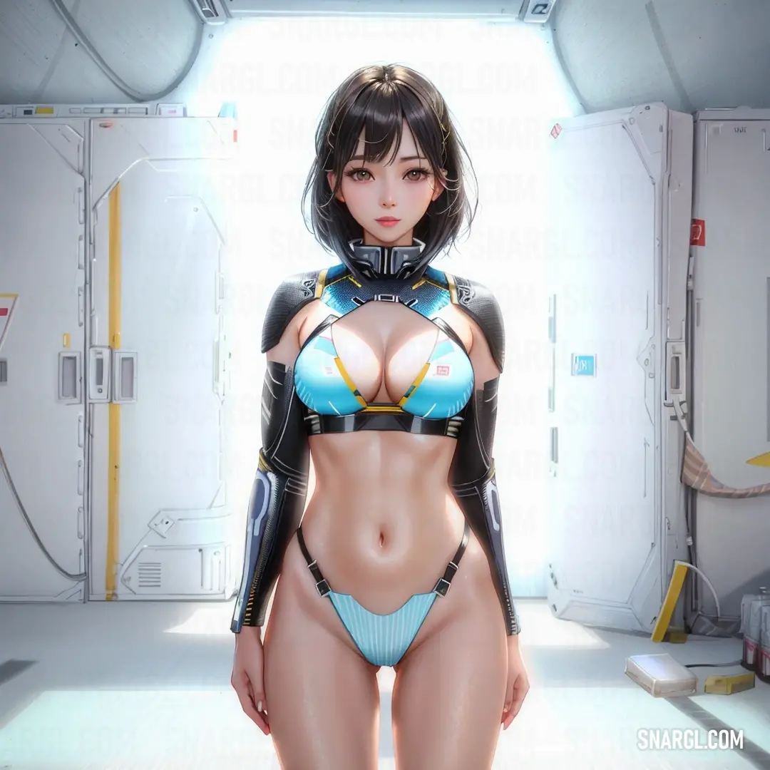 Woman in a bikini and a futuristic suit standing in a room with a door and a light behind her
