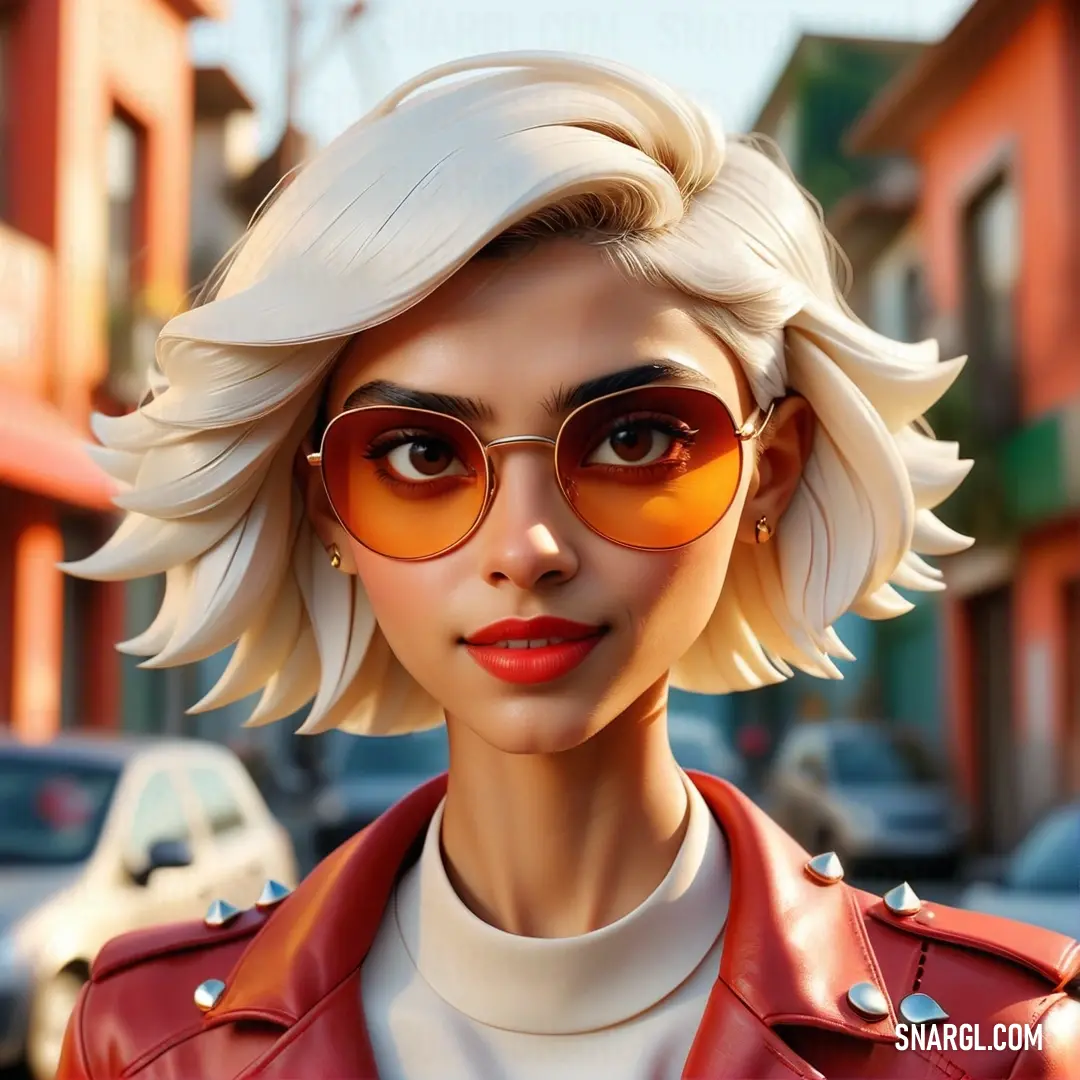 Cornsilk color. Woman with blonde hair and glasses on a street corner in a red leather jacket and white shirt