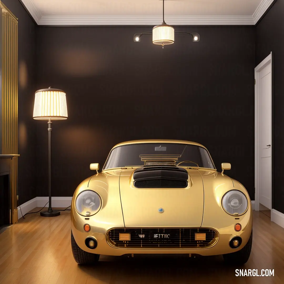 Gold sports car is parked in a room with a lamp on the floor and a black wall behind it. Example of Cornsilk color.