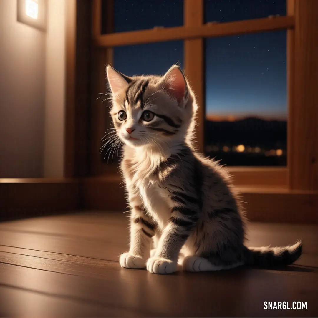 Kitten on a wooden floor looking out a window at the night sky and stars outside of a window. Example of #FFF8DC color.