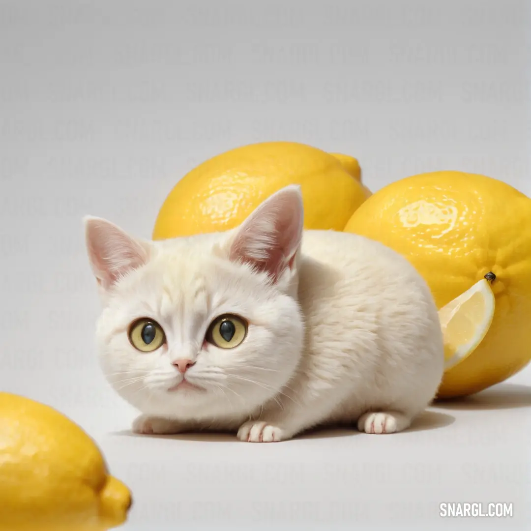 White cat next to a pile of lemons on a white background. Example of Cornsilk color.