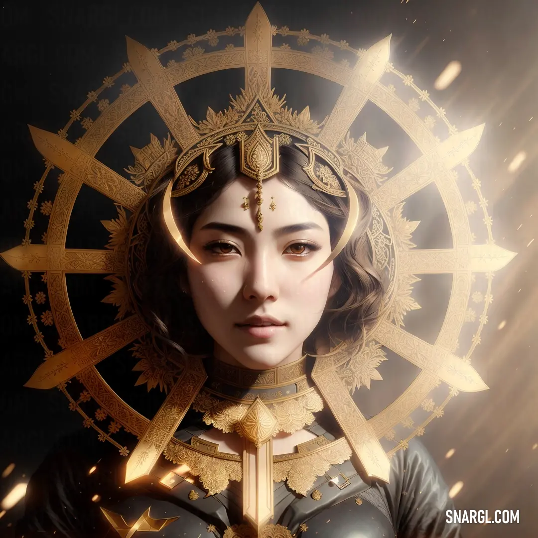 Woman with a golden helmet and a golden clock on her head and a black background