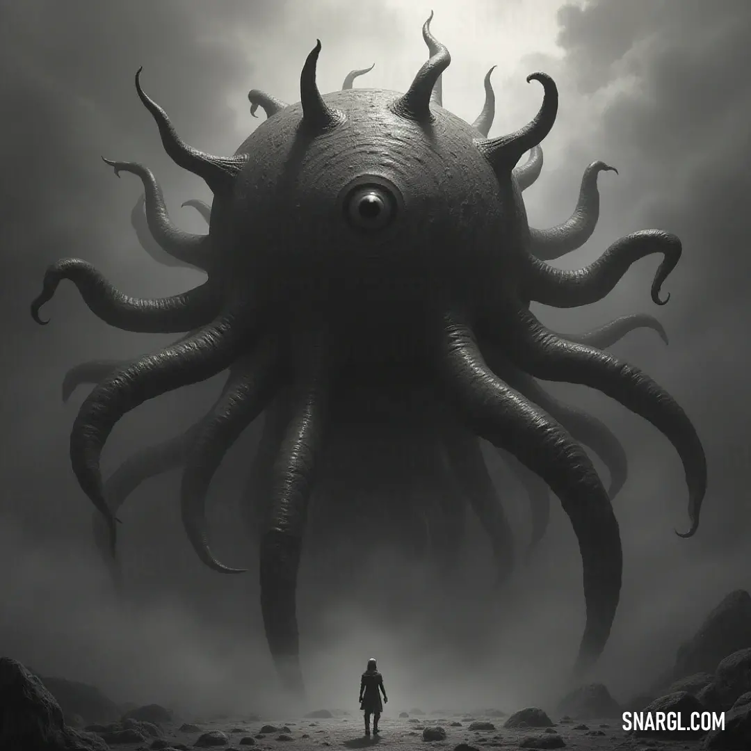 Witness the Corrupted Eye facing off against a formidable octopus, the dramatic interplay between light and shadow creating an intense atmosphere filled with tension. Merged in an eerie ambiance under a cloak of dark clouds above, the Corrupted Eye confidently stands before a menacing octopus, evoking a sense of rivalry and confrontation amidst the unsettling scenery.