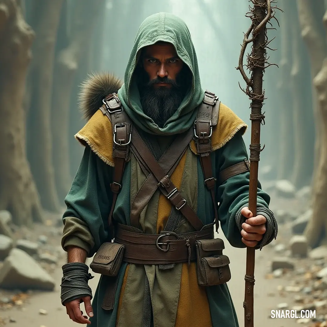 A cloaked figure stands in a tranquil forest, holding a gnarled stick amidst the serene greenery. A mysterious figure draped in a hooded outfit stands silently in a dense forest, gripping a gnarled stick. The surrounding trees create a secluded haven, their shadows dancing as sunlight filters through, hinting at secrets hidden within the woods.