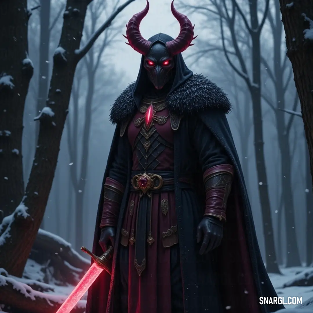 A mysterious figure in a horned costume grips a shining sword within a serene, snow-covered forest, blending the allure of fantasy with the beauty of winter landscapes. In a magical snowy forest, a figure adorned in a horned costume holds a glimmering sword, surrounded by towering trees draped in snow, evoking a sense of ancient myth and winter's enchantment.
