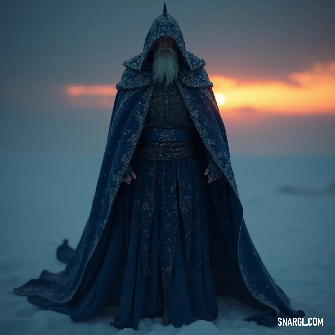 A cosmic guardian in a flowing blue cloak stands in the snow under a vibrant sunset, with a bird creating a captivating backdrop. A majestic cosmic guardian cloaked in deep blue stands in a serene snow-covered landscape, illuminated by the warm glow of a sunset. A small bird flutters gracefully in the background, enhancing the tranquility of the scene.