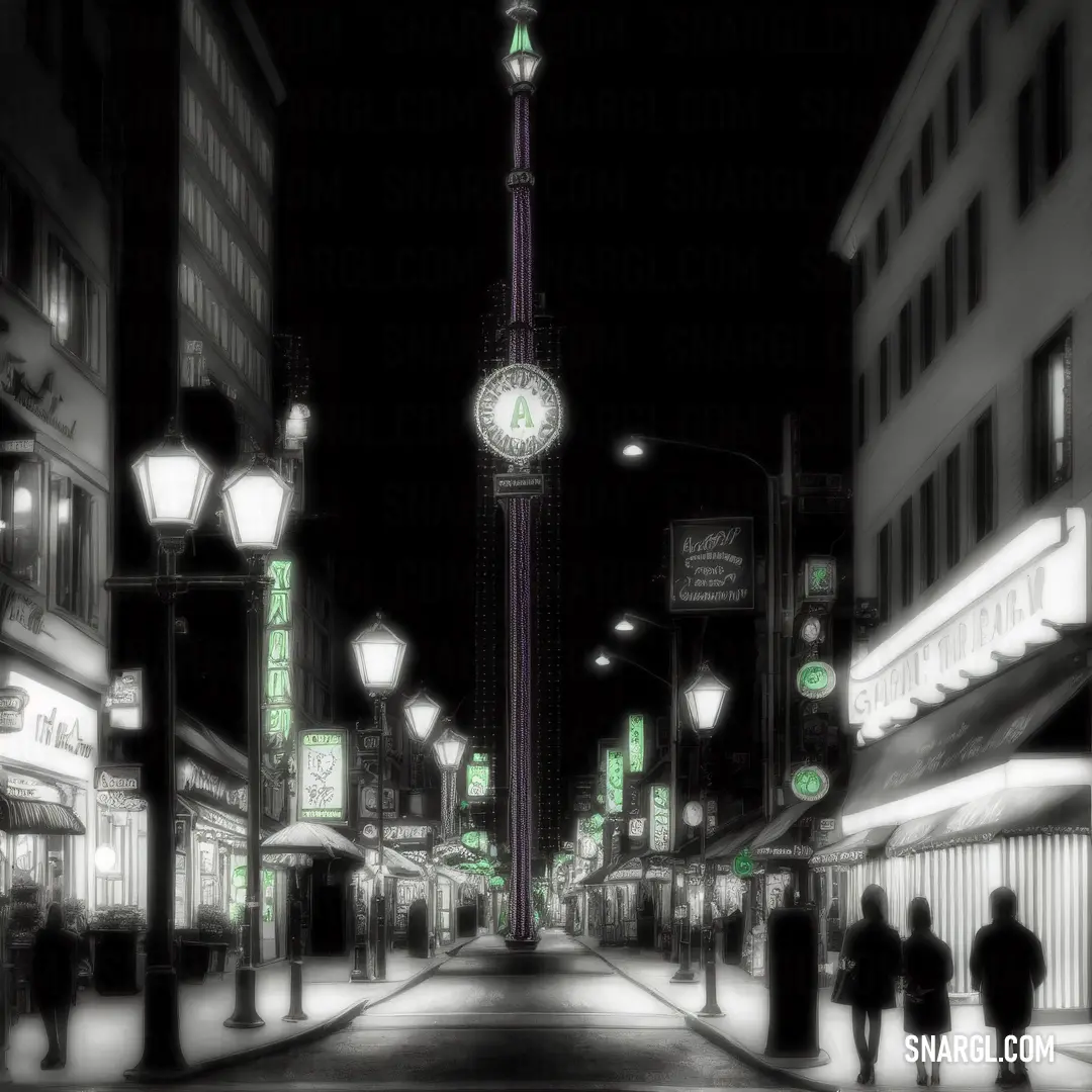 A black and white photo of a historic clock tower in a bustling city, captured at night. People are seen walking along the sidewalk under the glow of streetlights, while the color #FFF8E7 adds a soft, warm tone to the scene.