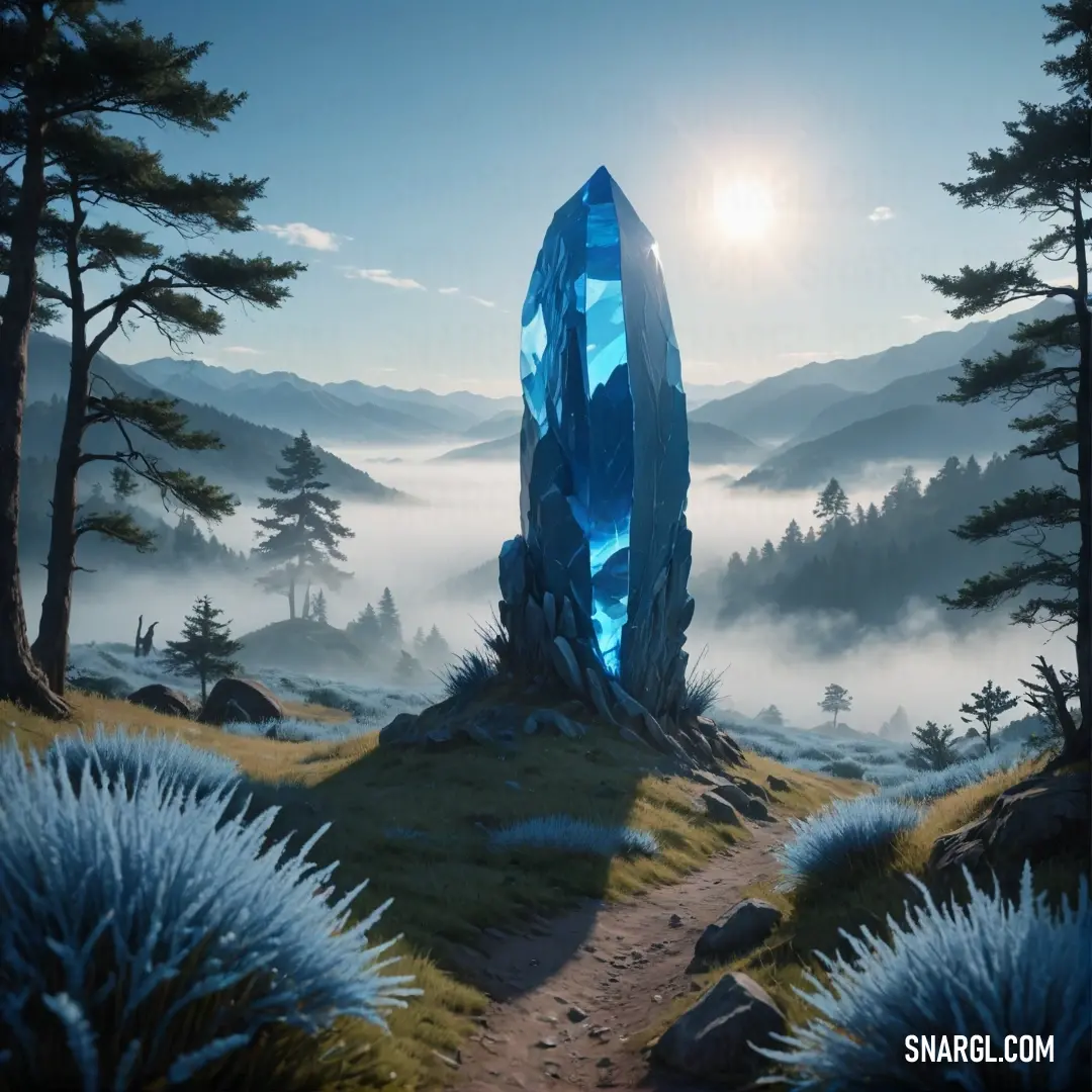 A blue crystal rock glistens in the midst of a foggy forest, shrouded by mist. The soft glow of sunlight breaks through the fog, casting a delicate, ethereal light over the landscape, highlighting the crystal’s sharp edges and intricate details.