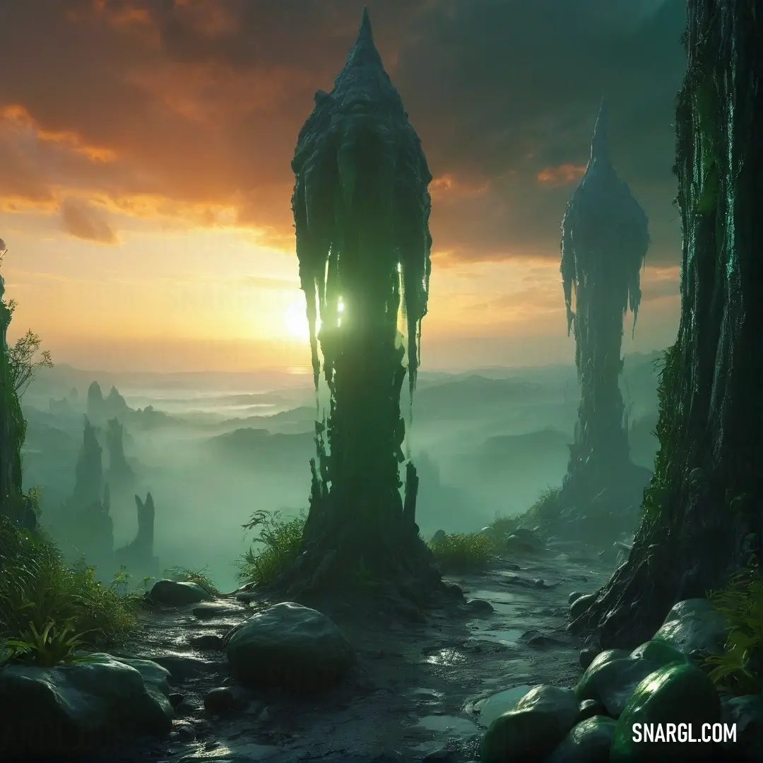 A fantasy tower stands tall amidst a dense forest, bathed in the warm light of a setting or rising sun. The sun's rays filter through the clouds, casting long shadows across the forest floor, adding an air of mystery to the scene.