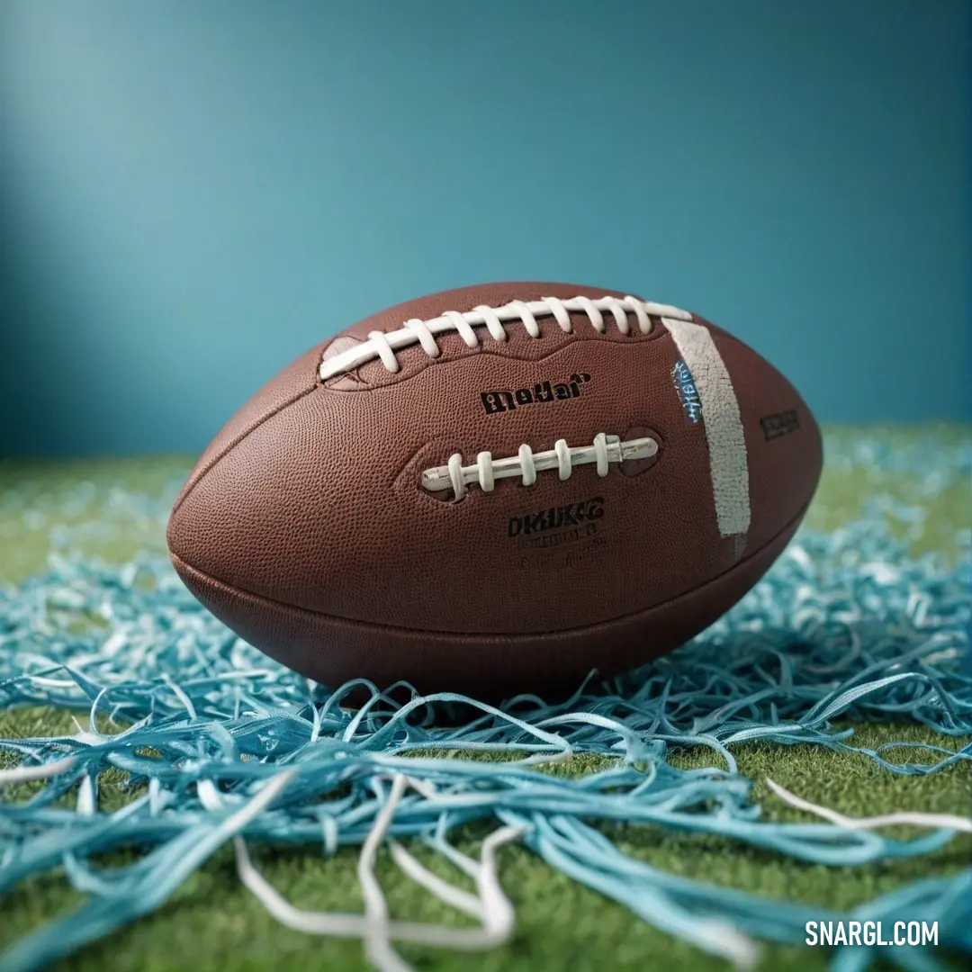 A whimsical arrangement of a football resting on a lush green carpet, playfully adorned with blue and white streamers, creating a festive atmosphere perfect for sports enthusiasts.