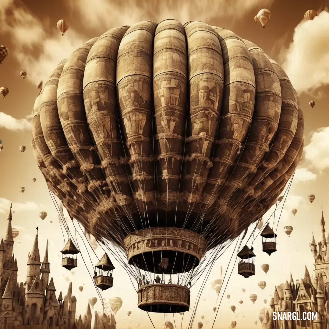 Large balloon flying over a castle in the sky with many balloons floating around it. Example of #FFF8E7 color.