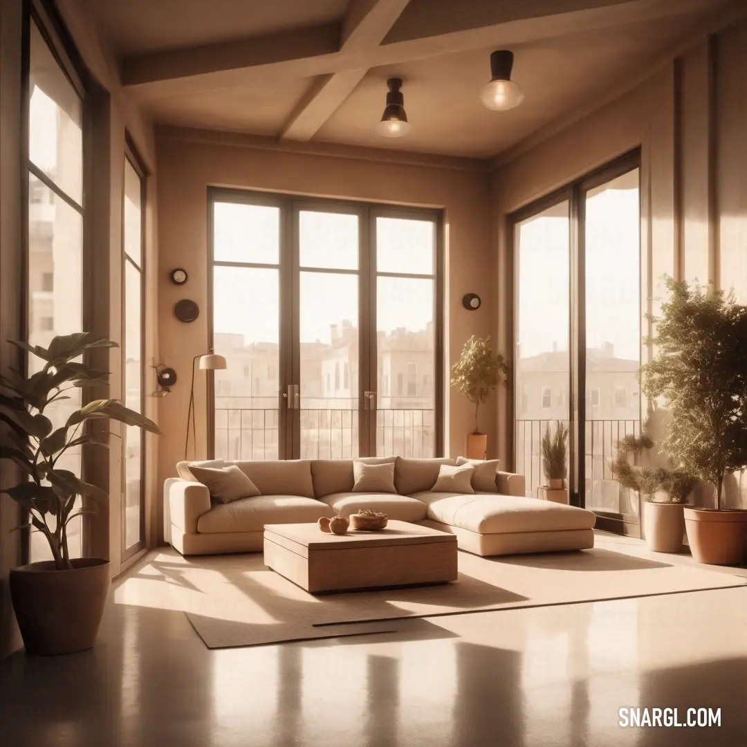 Living room with a large couch and a large window with a view of the city outside the window. Example of RGB 255,248,231 color.