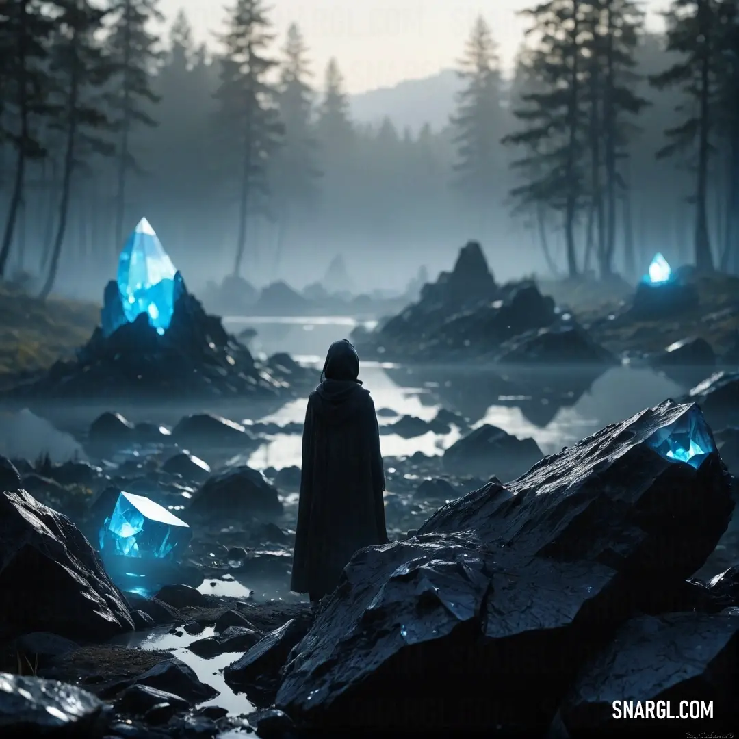 A man stands on a rugged beach, surrounded by jagged rocks and a dense forest. Glowing blue lights flicker among the trees in the darkness, creating an eerie, magical atmosphere. The scene is illuminated by a soft, warm glow, blending shades of pale yello