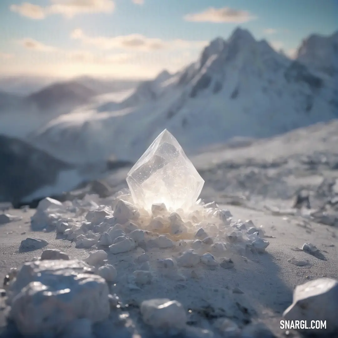 A small, white object rests atop a snow-covered mountain, surrounded by rocky terrain and bathed in the cool, clear light of the sky. The scene captures the stillness and purity of the high-altitude landscape.