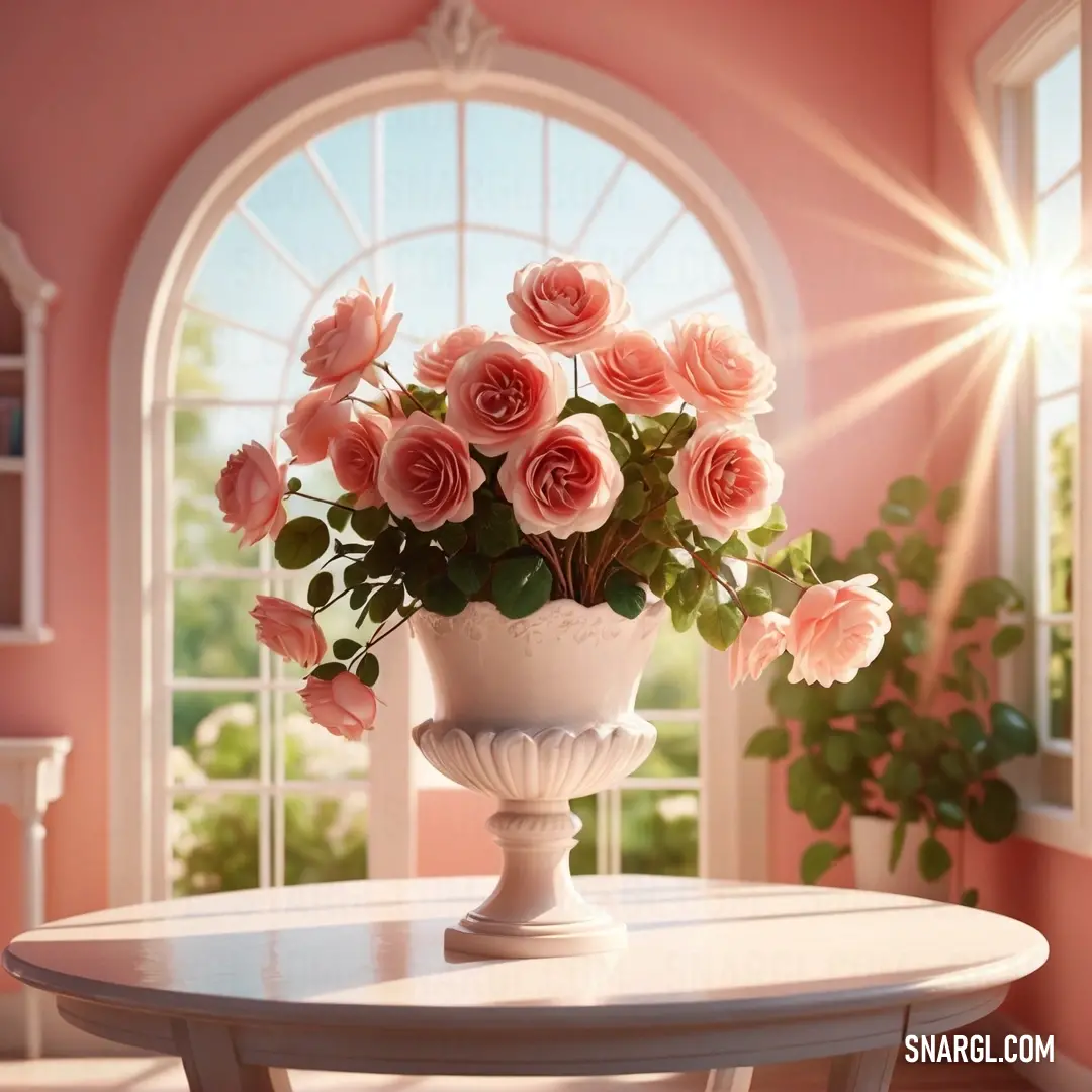 Vase of pink roses on a table in a room with a large window and a potted plant. Example of Cosmic latte color.