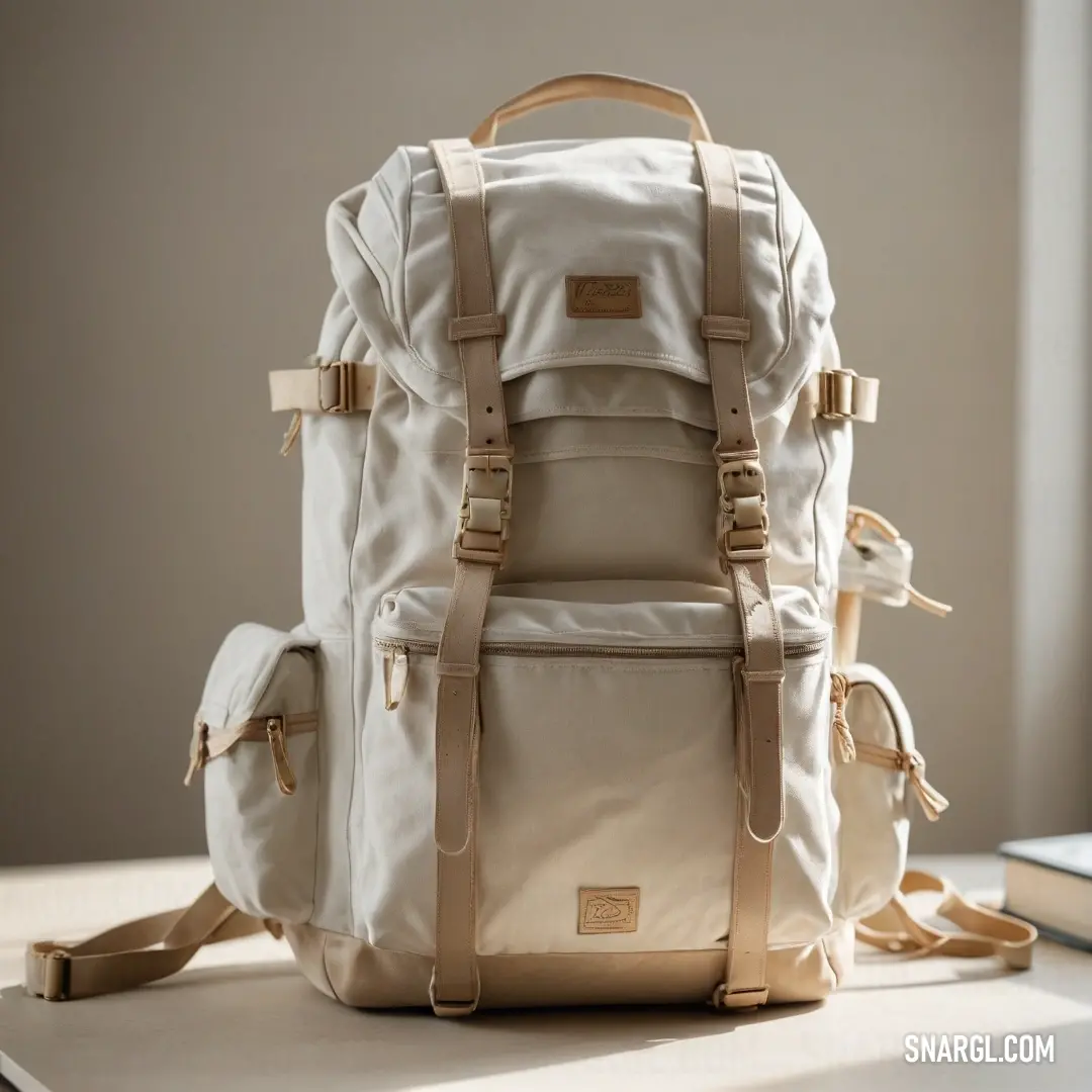 A stylish white backpack placed on a sleek table next to a colorful book bag and a modern laptop, creating a chic workspace that blends functionality with contemporary design.