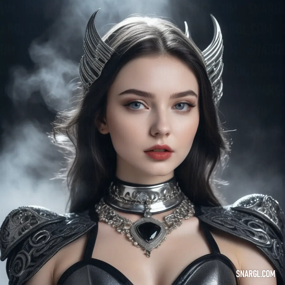 A woman in a whimsical costume with horns and a stylish choker necklace captivates the viewer with her unique flair. The #FFF8E7 color subtly enhances her enchanting appearance amidst a vibrant setting.