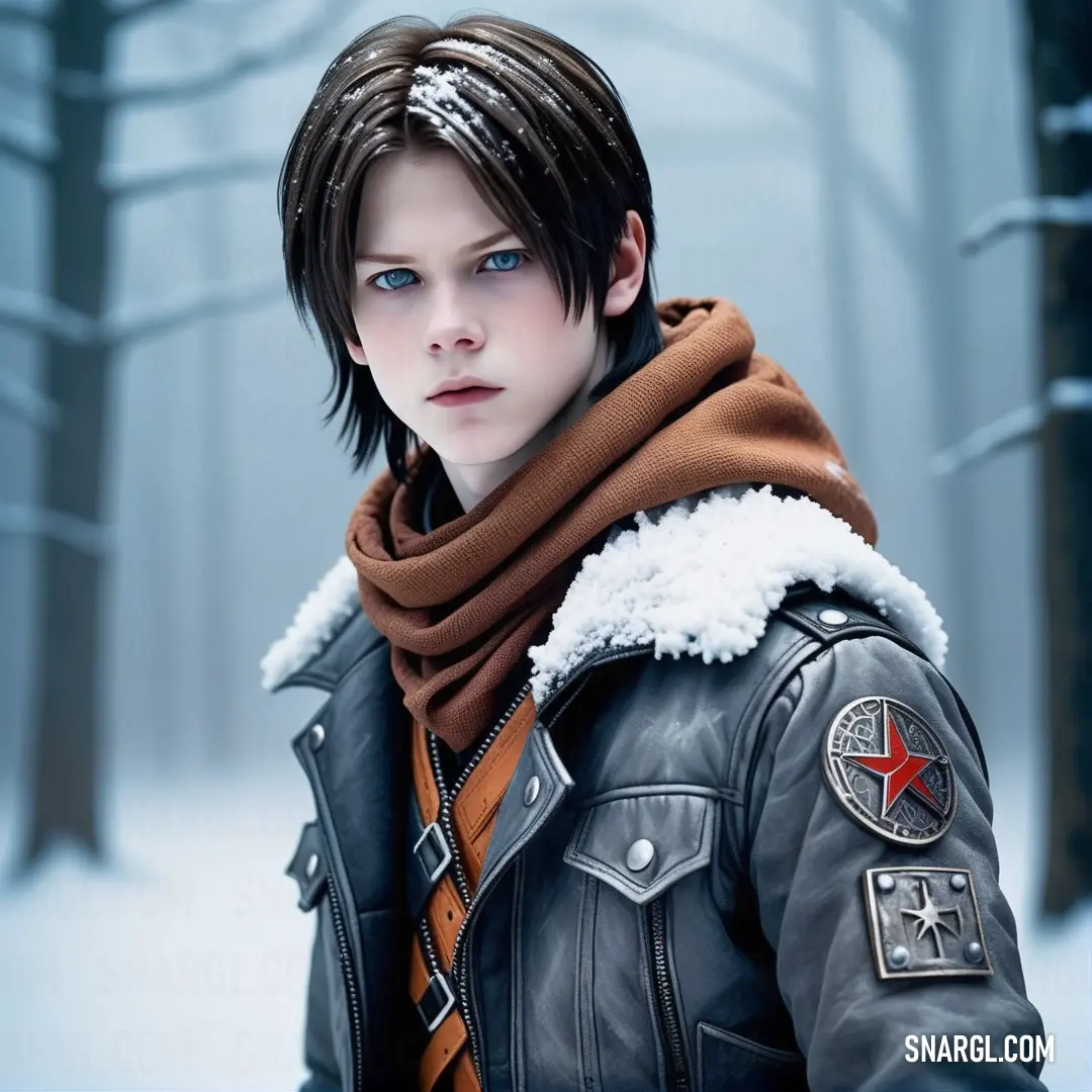 A young man dressed in a sleek leather jacket and a cozy scarf stands confidently in a snowy landscape, where a bold red star on his collar draws attention. The serene white surroundings accentuate his modern style.