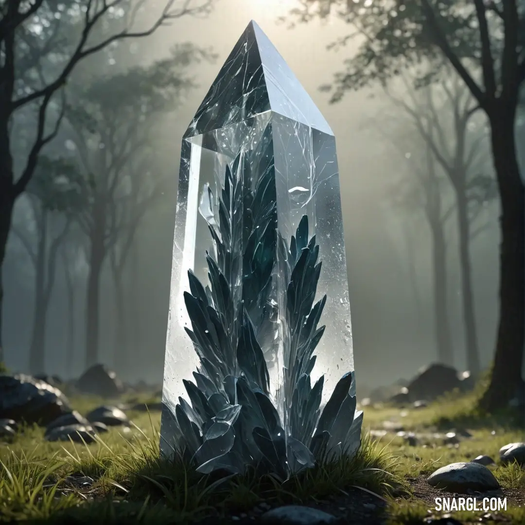 A crystal sculpture stands proudly in the middle of a forest, surrounded by trees. The sculpture’s smooth, reflective surfaces catch the light, adding a touch of elegance to the wild, untamed forest setting.