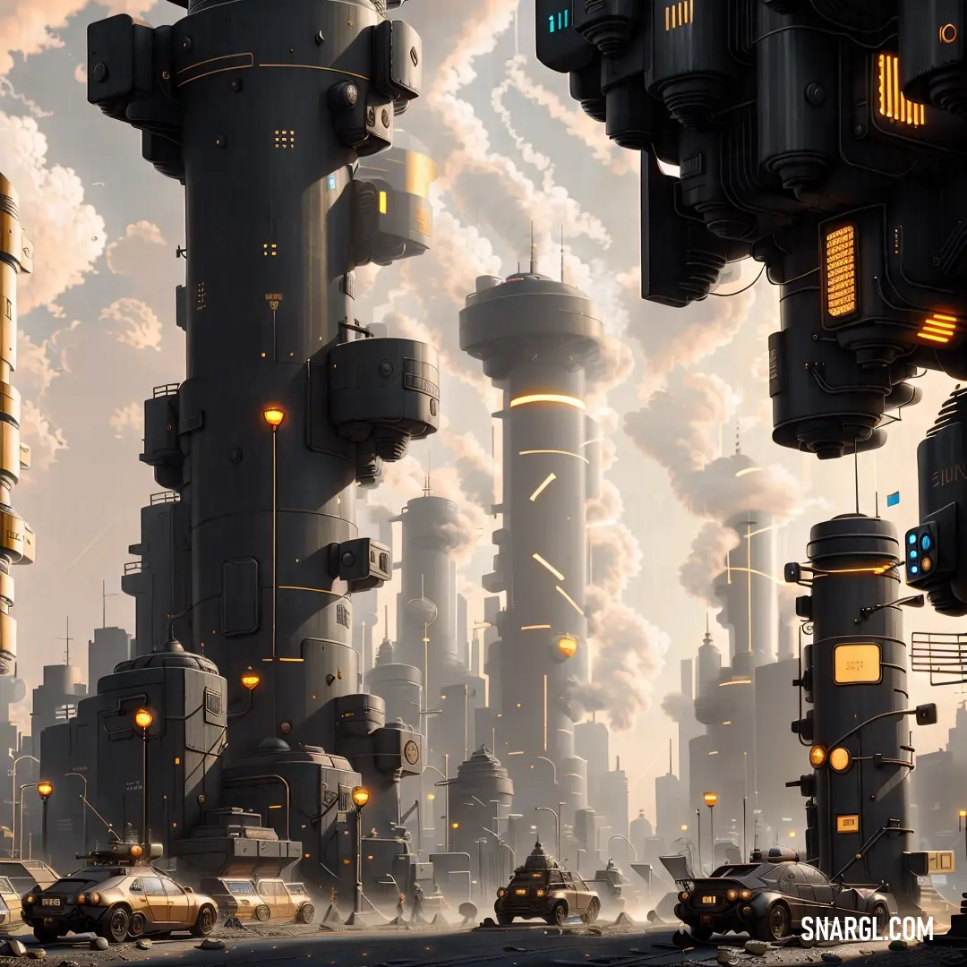 Futuristic city with a lot of smoke coming out of it's stacks and towers. Color RGB 255,248,231.