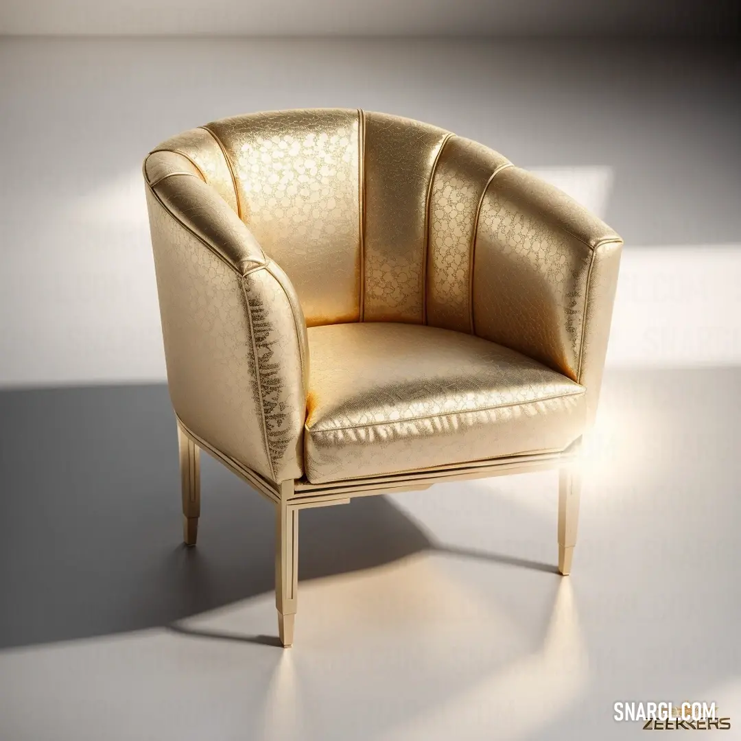 Cosmic latte color example: Gold chair with a white background and a light shining on it's back end and armrest