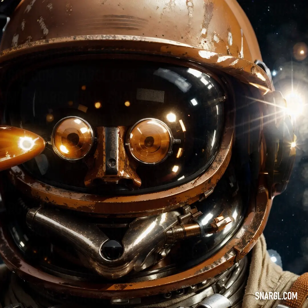 A man in a futuristic space suit stands still, his helmet illuminated by a strange light that shines through his eyes, evoking a sense of mystery in the vast expanse of space.