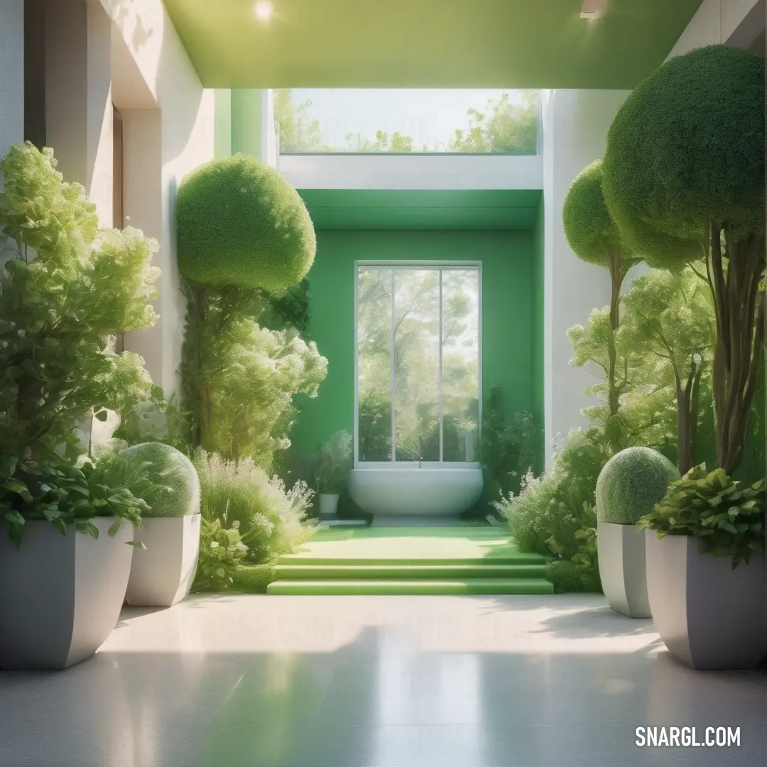 Room with a green wall and a white tub and some trees and bushes in it and a window. Example of Cosmic latte color.