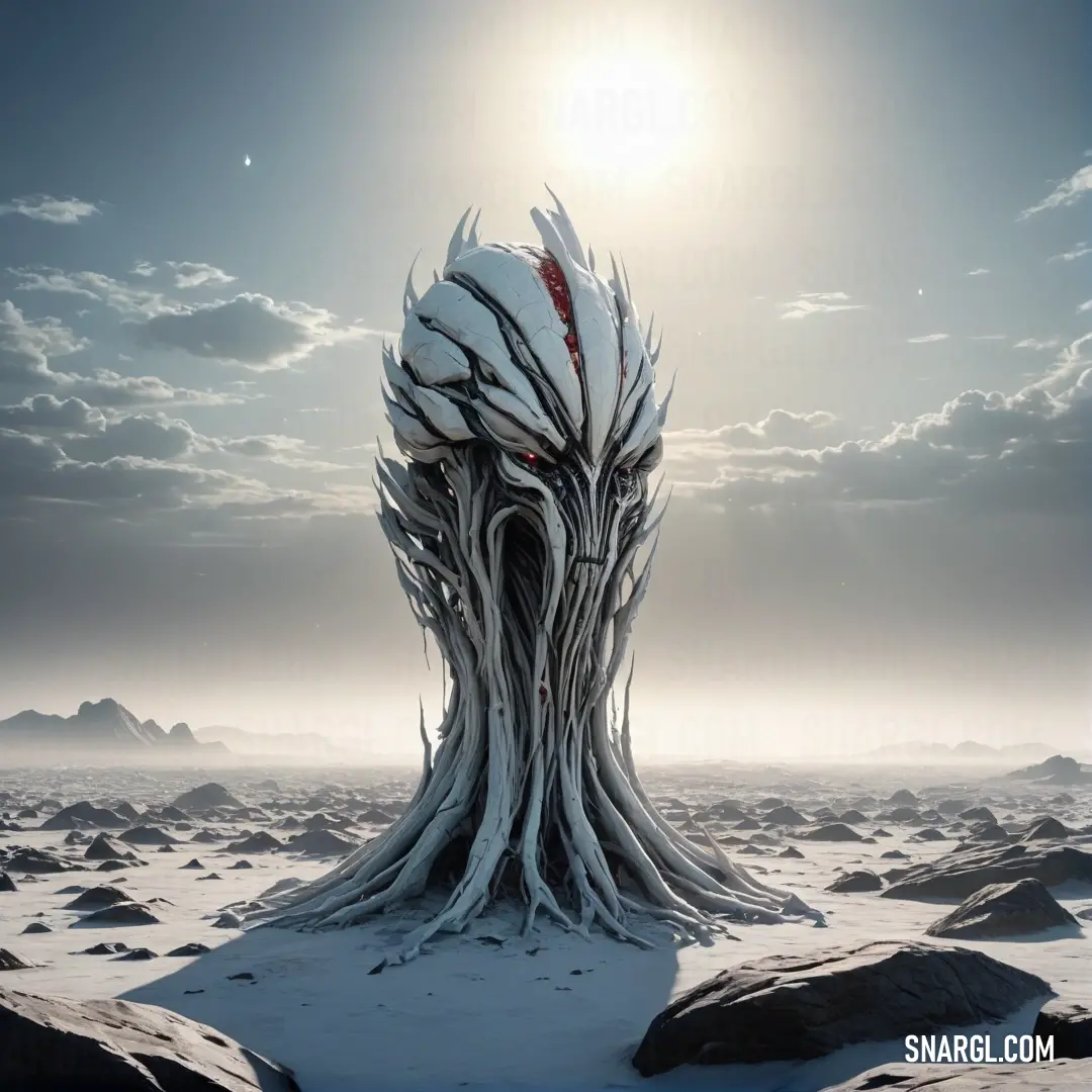 A strange, twisting tree with an abundance of branches resembling a face stands against a wide, open sky. The tree’s gnarled form catches the light, with the sky providing a dramatic backdrop to this unique and otherworldly figure.