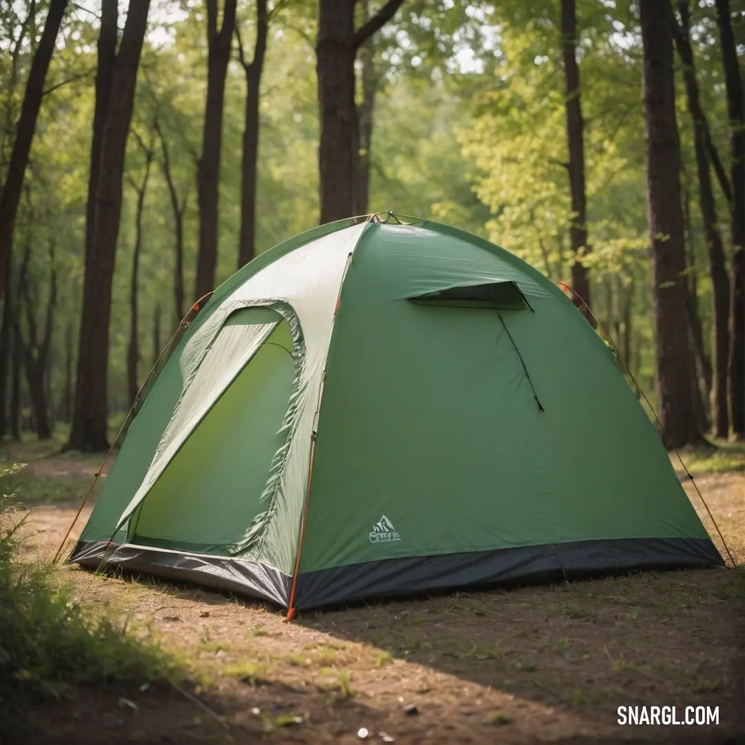 A picturesque camping scene featuring a bright tent pitched amid the sunlight-dappled woods, surrounded by lush greenery, inviting adventurers to enjoy the tranquility of nature.