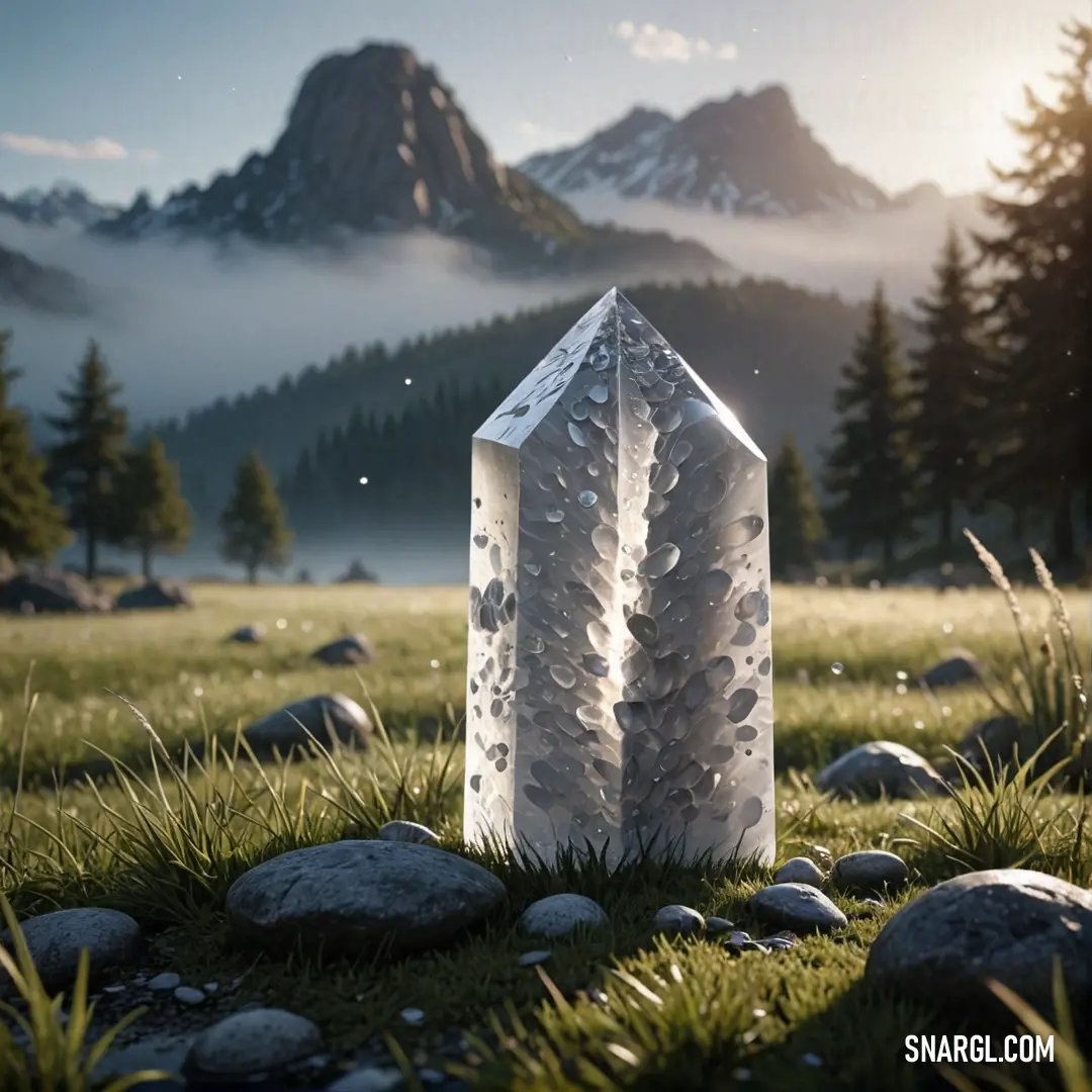 A white sculpture stands alone in a vast field, with majestic mountains rising in the distance. The soft glow of the surrounding light brings out the delicate details of the sculpture, creating a harmonious contrast with the natural landscape.