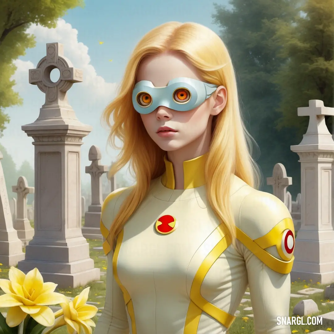 Woman in a yellow and white costume standing in a cemetery with a yellow flower in her hand and a cross in the background